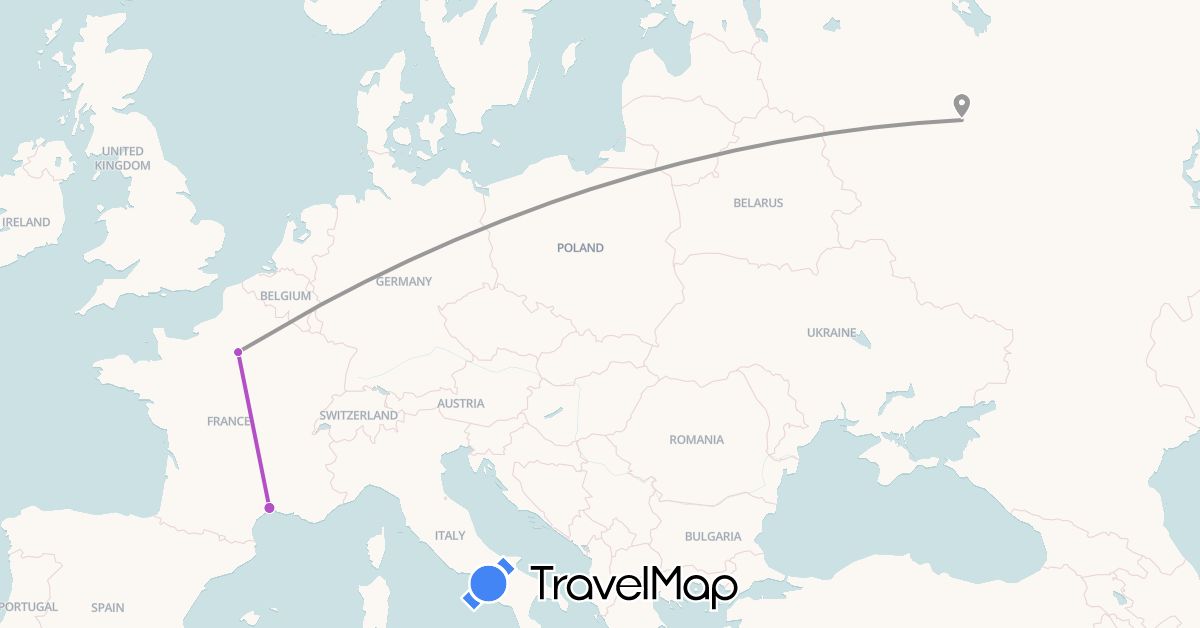 TravelMap itinerary: plane, train in France, Russia (Europe)